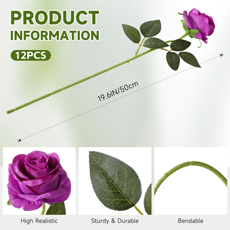 Tifuly Purple Roses Artificial Flowers - 12 pcs Realistic Single Long Stem Fake Silk Roses Bouquet for Party Home Wedding Centerpiece Office DIY Decor - Image 2